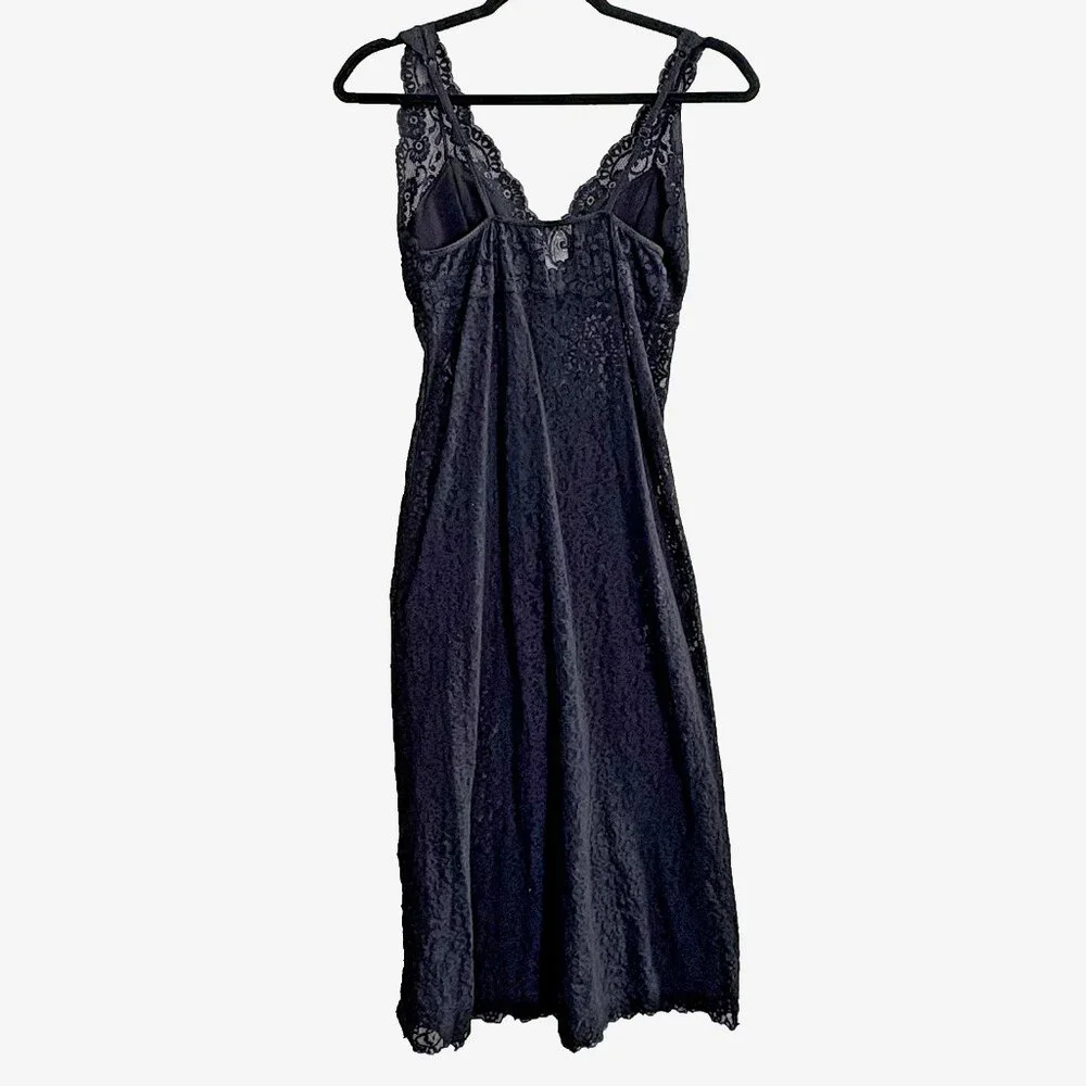 Vtg ARIANNE Women Long Line V Neck Pad Bra Maxi Chemise Sz M Black Lace‎ 76-5